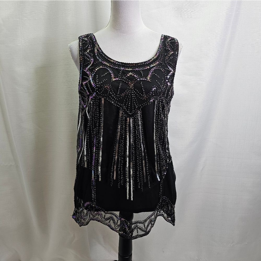Black Sequin Sleeveless Top Size Large